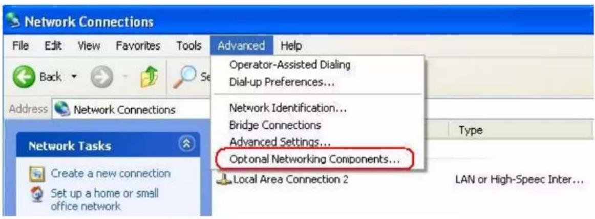 Network Connections File Edit View Favorites Tools Back Address Network Connections Network Tasks Create a new connection Set up a home or small office network Advanced Help Operator-Assisted Dialing Dial-up Preferences... Network Identification... Bridge Connections Advanced Settings... Optional Networking Components... Local Area Connection 2 LAN or High-Spec Inter... Type