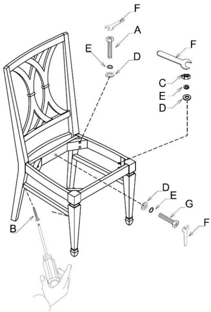 Technical diagram of a chair with labeled parts and tool tips, showing exploded view and assembly instructions.