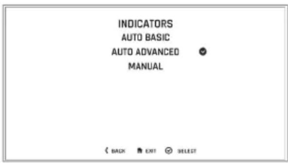 INDICATORS AUTO BASIC AUTO ADVANCED MANUAL BACK EXIT SELECT
