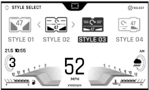 STYLE SELECT 47 STYLE 01 STYLE 02 STYLE 03 STYLE 04 21.5 10:55 3 52 MPH x1000rpm AM C H