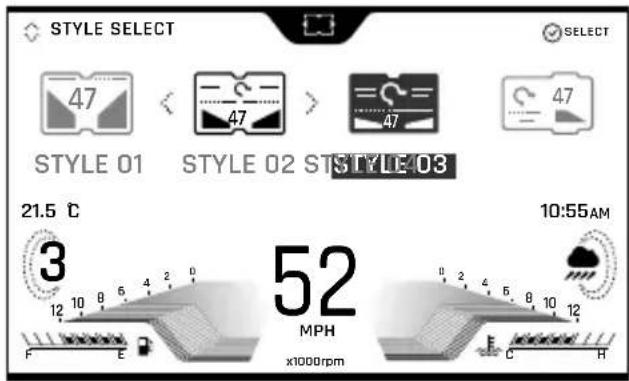 STYLE SELECT 47 STYLE 01 STYLE 02 STSTYLE 03 21.5 ℃ 3 52 MPH x1000rpm 10:55AM 12 10 8 6 4 2 0 -2 4 2 0 +2 4 8 10 12 F E C H