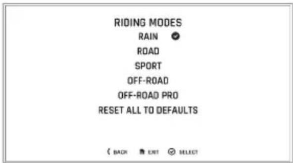 RIDING MODES RAIN ROAD SPORT OFF-ROAD OFF-ROAD PRO RESET ALL TO DEFAULTS ( BACK EXIT SELECT