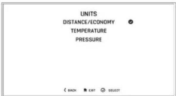 UNITS DISTANCE/ECONOMY TEMPERATURE PRESSURE < BACK EXIT SELECT