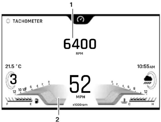 TACHOMETER 6400 RPM 21.5 °C 3 52 MPH x1000rpm 10:55AM F E C H 2