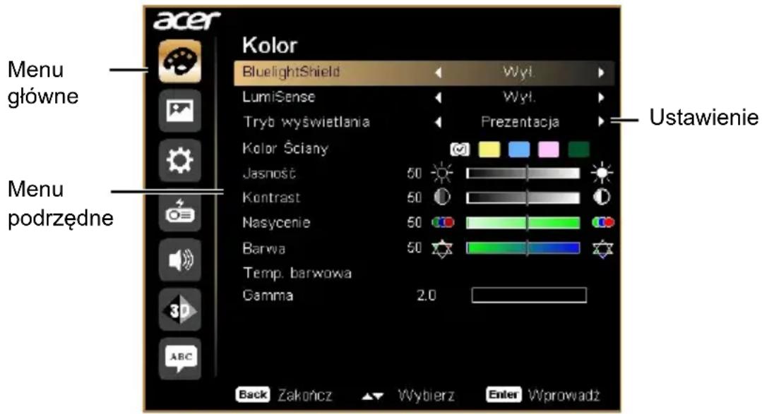 ACER X1323WHP - Korzystanie z różnych menu OSD - 1