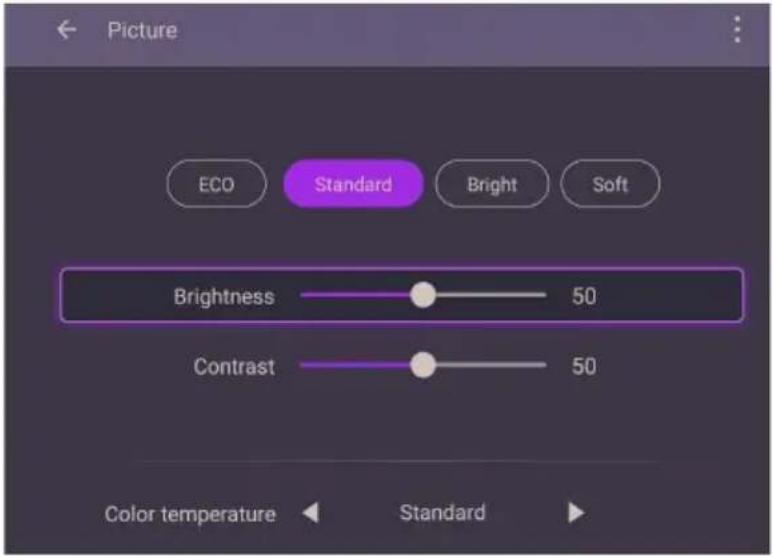 Picture ECO Standard Bright Soft Brightness 50 Contrast 50 Color temperature Standard