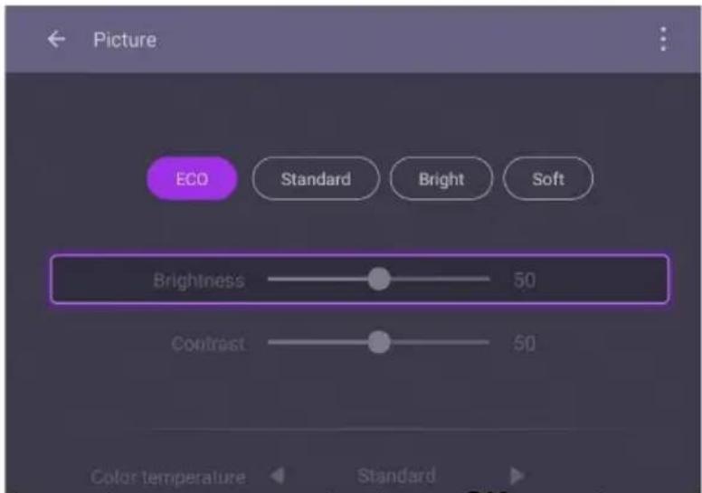 Picture ECO Standard Bright Soft Brightness 50 Contrast 50 Color temperature Standard