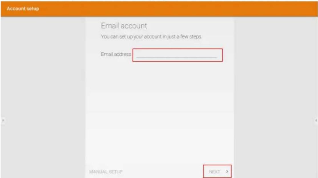 Account setup Email account You can set up your account in just a few steps. Email address ____ MANUAL SETUP NEXT >