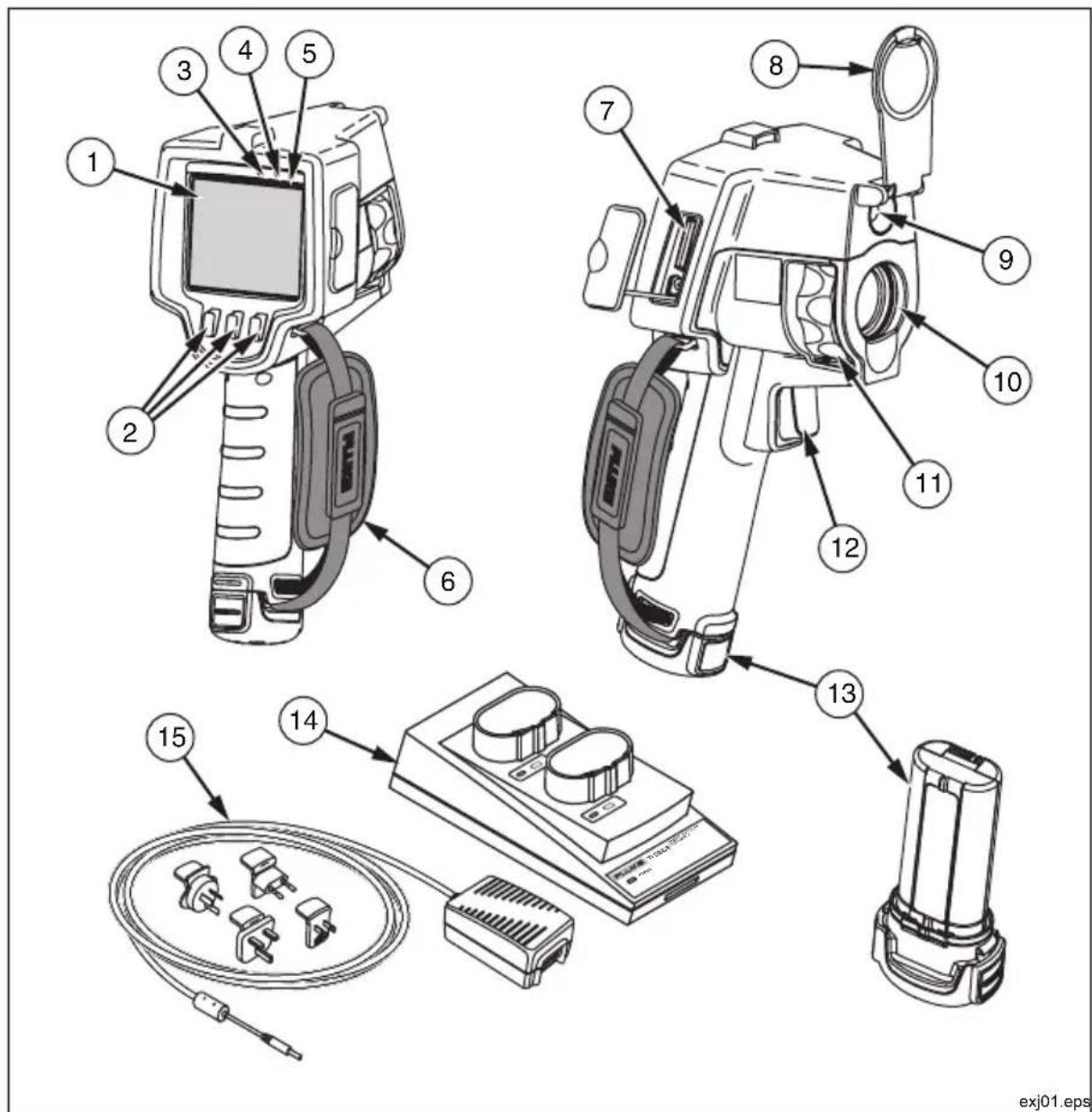 Technical diagram of a digital camera with numbered components and labeled parts, including display, camera, and electrical connections.