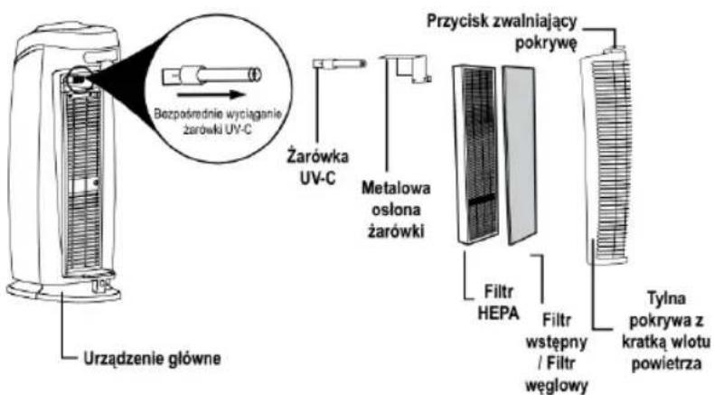 Bezpośrednie wyciąganie zarówki UV-C Żarówka UV-C Metalowa osłona żarówki Przycisk zwalniający pokrywę Filtr HEPA Filtr wstępny / Filtr węglowy Tylna pokrywa z kratką wlotu powietrza Urządzenie główne