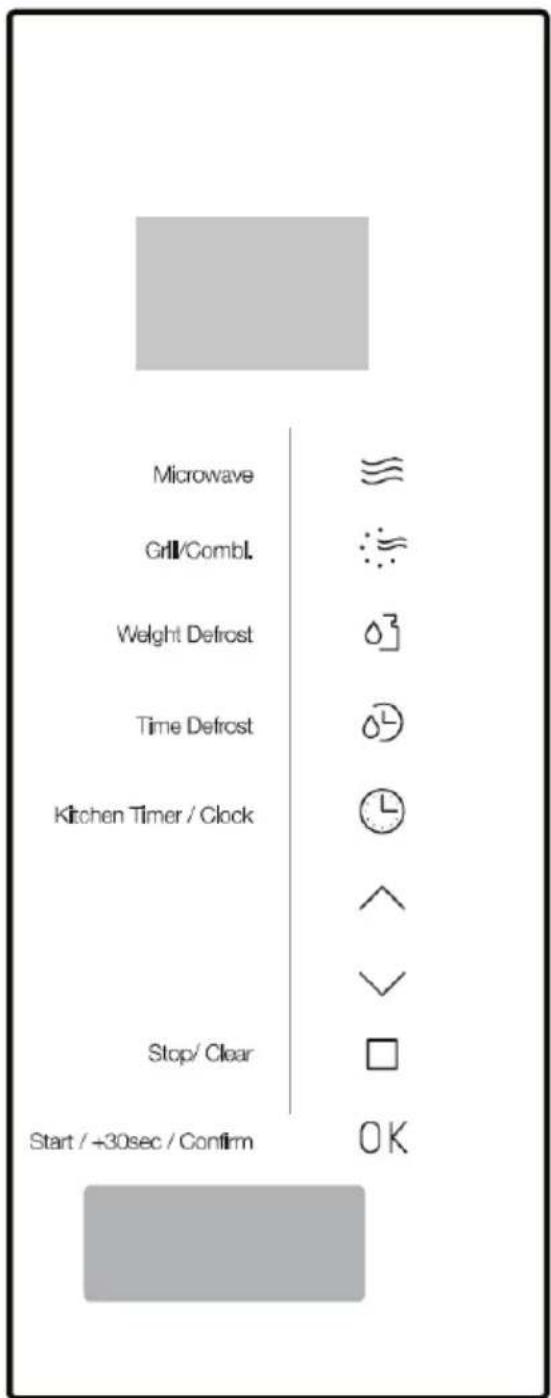 Microwave Grill/Combl. Weight Defrost Time Defrost Kitchen Timer / Clock Stop/ Clear Start / +30sec / Confirm OK