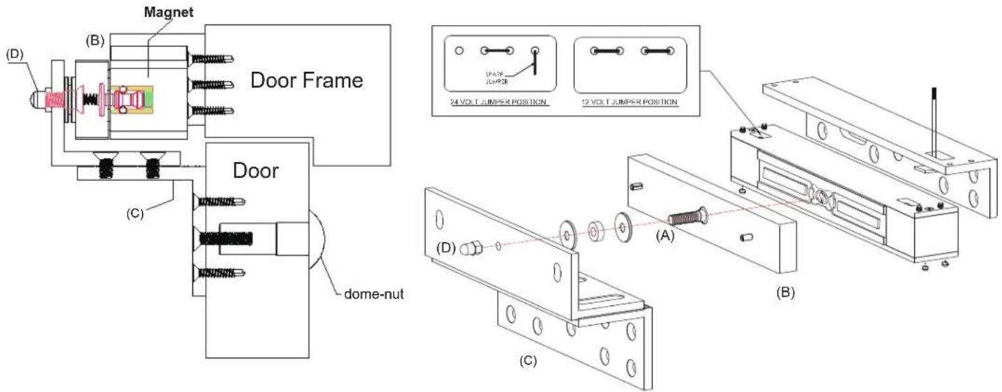 (D) (B) Magnet Door Frame (C) Door dome-nut (SAPE) JUMPER 24 VOCT JUMPER POSITION 12 VOCT JUMPER POSITION (A) (D) (C) (B)