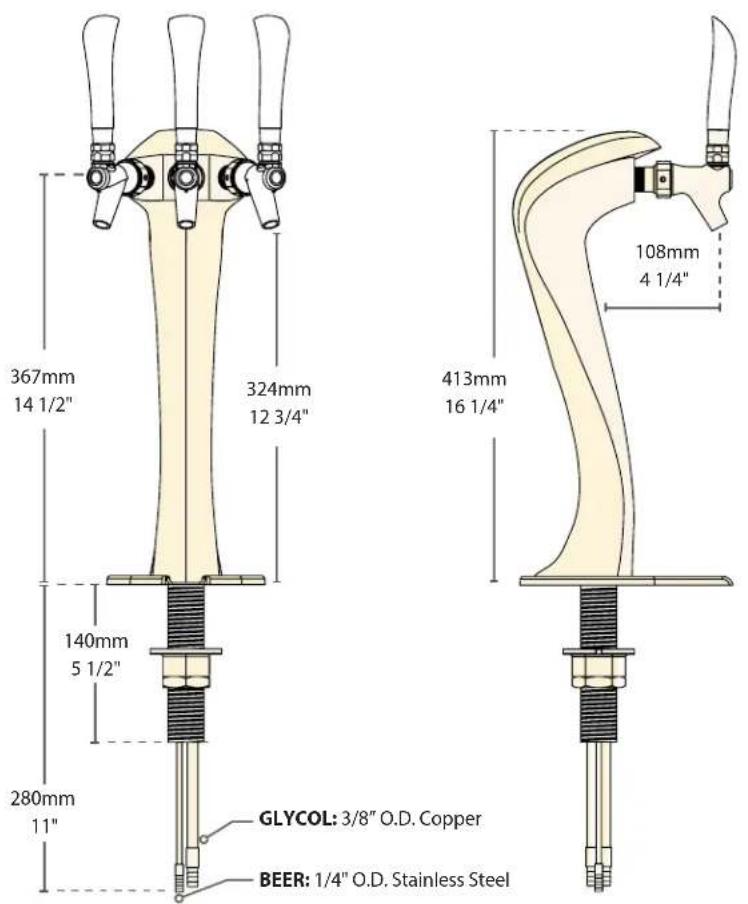 367mm 14 1/2" 324mm 12 3/4" 413mm 16 1/4" 108mm 4 1/4" 140mm 5 1/2" 280mm 11" GLYCOL: 3/8" O.D. Copper BEER: 1/4" O.D. Stainless Steel