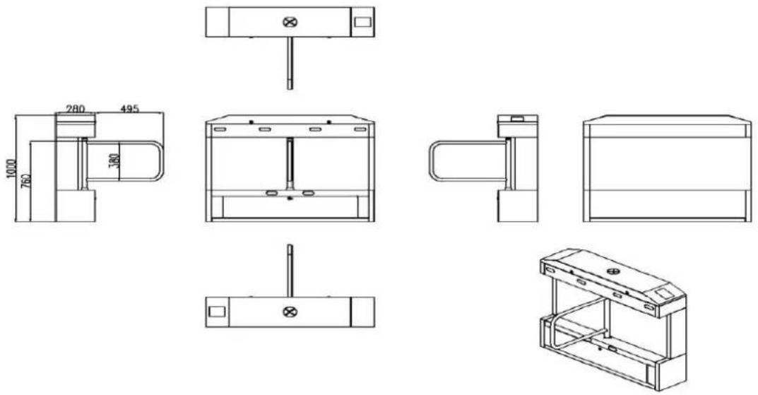 Technical drawing of a mechanical assembly with multiple orthographic views and dimension annotations