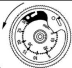 Diagram of a mechanical device with numbered components and directional arrow indicating rotation or movement