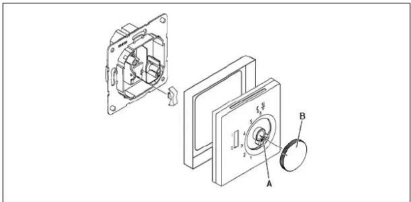 Technical diagram of a mechanical assembly with labeled parts A, B, and internal components