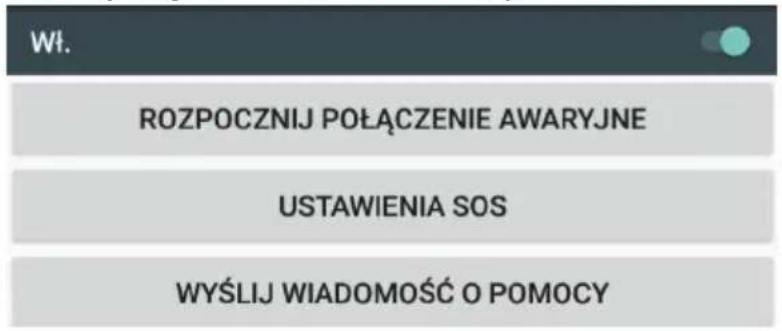 Wł. ROZPOCZNIJ POŁĄCZENIE AWARYJNE USTAWIENIA SOS WYŚLIJ WIADOMOŚĆ O POMOCY