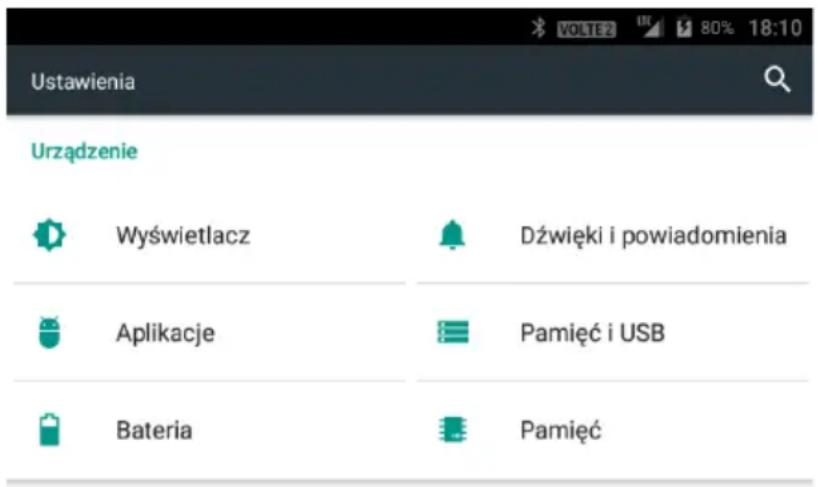 Ustawienia Urządzenie Wyświetlacz Dźwięki i powiadomienia Aplikacje Pamięć i USB Bateria Pamięć