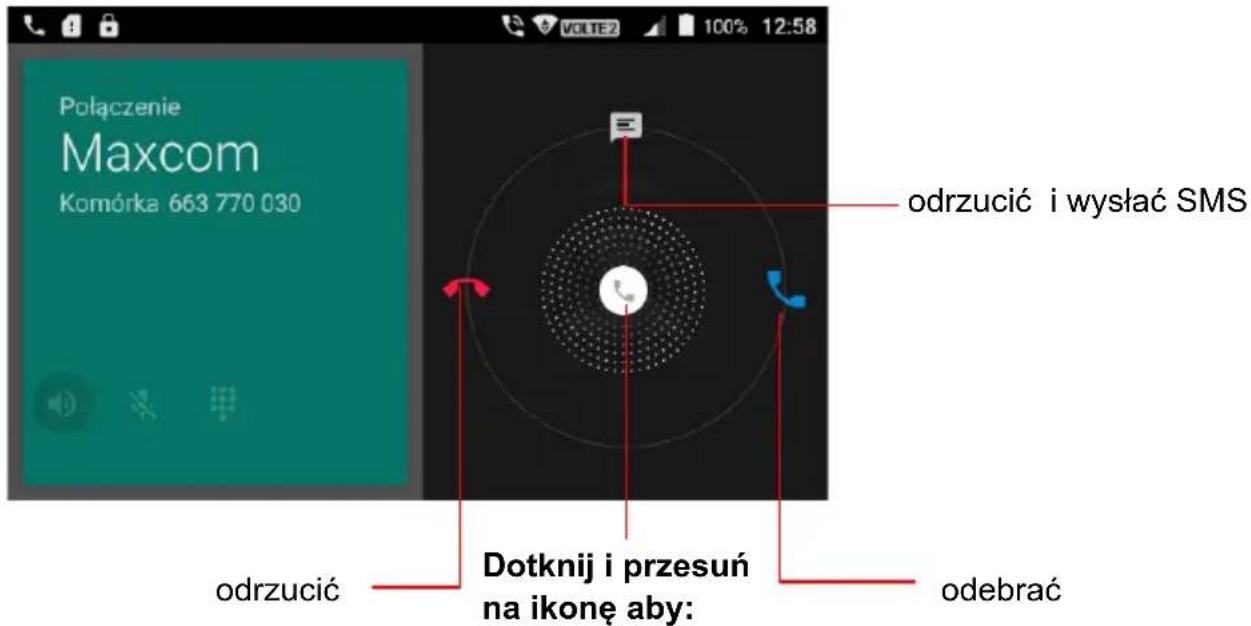 Polączenie Maxcom Komórka 663 770 030 odrzucić i wysłać SMS odrzucić Dotknij i przesuń na ikone aby: odebrać