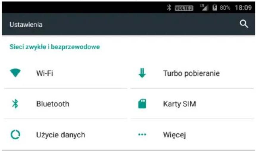 Ustawienia Sieci zwykle i bezprzewodowe Wi-Fi Turbo pobieranie Bluetooth Karty SIM Użycie danych Wiecej