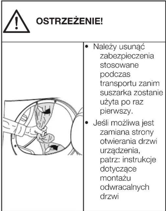 OSTRZEŻENIE! Należy usunąć zabezpieczenia stosowane podczas transportu zanim suszarka zostanie użyta po raz pierwszy. Jeśli możliwa jest zamiana strony otwierania drzwi urządzenia, patrz: instrukcje dotyczące montażu odwracalnych drzwi