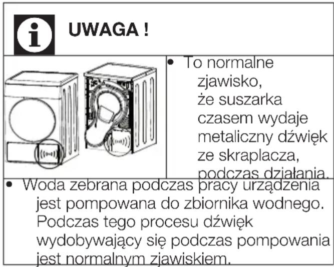 i UWAGA! To normalne zjawisko, że suszarka czasem wydaje metaliczny dźwięk ze skraplacza, podczas działania. Woda zebrana podczas pracy urządzenia jest pompowana do zbiornika wodnego. Podczas tego procesu dźwięk wydobywający się podczas pompowania jest normalnym zjawiskiem.