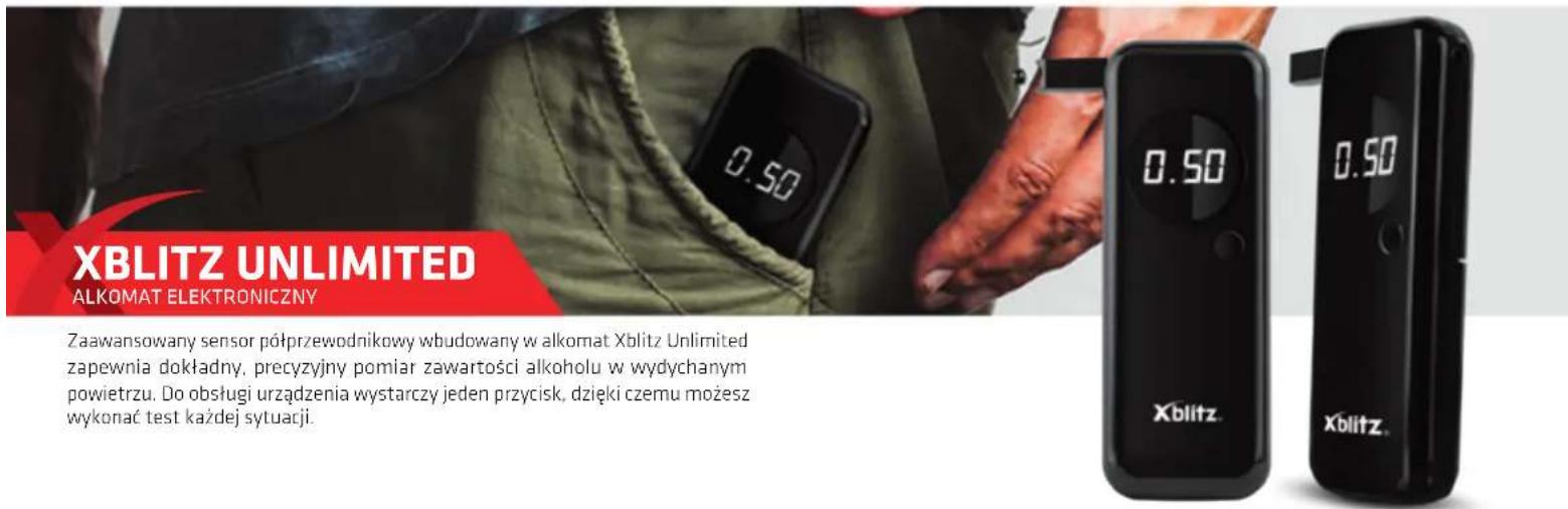 XBLITZ UNLIMITED ALKOMAT ELEKTRONICZNY Zaawansowany sensor półprzewodnikowy wbudowany w alkomat Xblitz Unlimited zapewnia dokładny, precyzyjny pomiar zawartości alkoholu w wydychanym powietrzu. Do obsługi urządzenia wystarczy jeden przycisk, dzięki czemu możesz wykonać test każdej sytuacji.