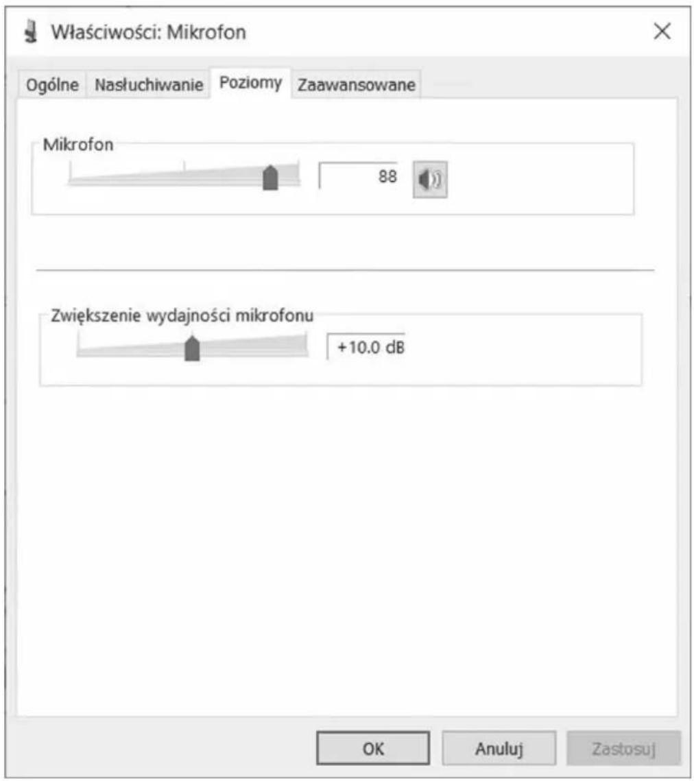 Właściwości: Mikrofon Ogólne Nasłuchiwanie Poziomy Zaawansowane Mikrofon 88 Zwiększenie wydajności mikrofonu +10.0 dB OK Anuluj Zastosuj