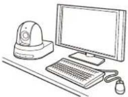 Line drawing of a desktop computer setup with monitor, keyboard, mouse, and remote control unit (no text or symbols)