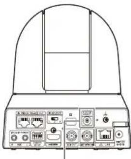 Line drawing of a device rear panel with ports and buttons (no text or symbols)