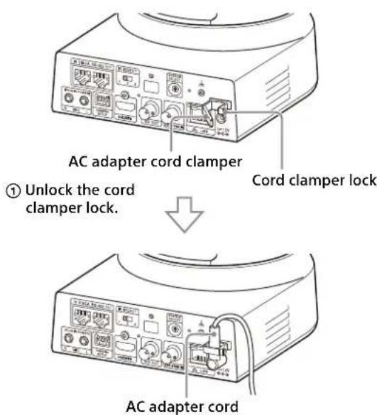AC adapter cord clamper Cord clamper lock ① Unlock the cord clamper lock. AC adapter cord
