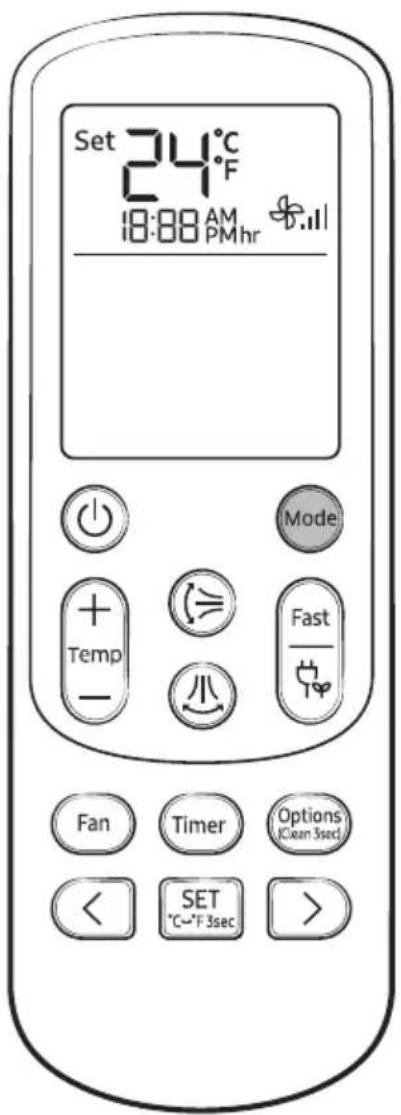 Set 24°C 18:88 AM PMhr Mode Temp - Fast Fan Timer Options (Clean 3sec) < SET °C~"F 3sec >