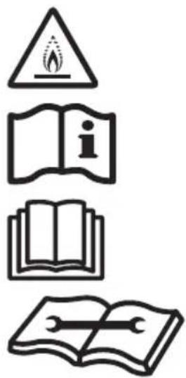 Image showing four types of workplace safety symbols: warning triangle, open book with 'i', open book with wrench, and open book with wrench.