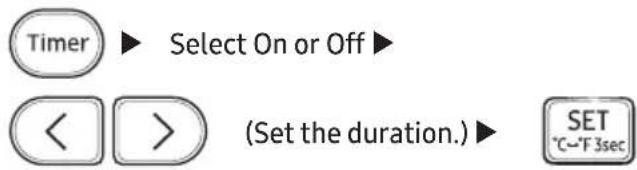 Timer ▶ Select On or Off ▶ ◀ ▶ (Set the duration.) ▶ SET °C~°F 3sec