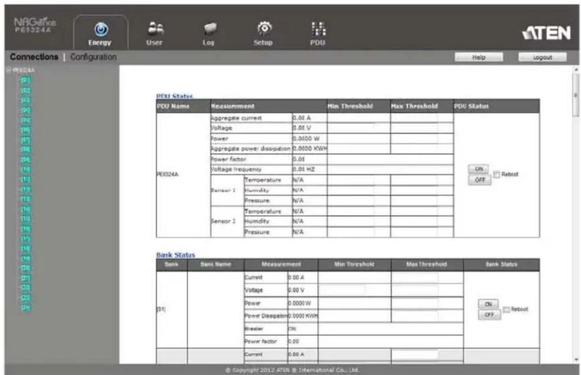 PE9324A Energy User Log Setup PDU Connections | Configuration Help Logout PDU Status PDU Name Measurement Min Threshold Max Threshold PDU Status PE9324A Aggregate current 0.01 A Voltage 0.01 V Power 0.0600 W Aggregate power dissipation 0.0600 KWH Power factor 0.01 Voltage frequency 0.01 Hz Sensor 1…