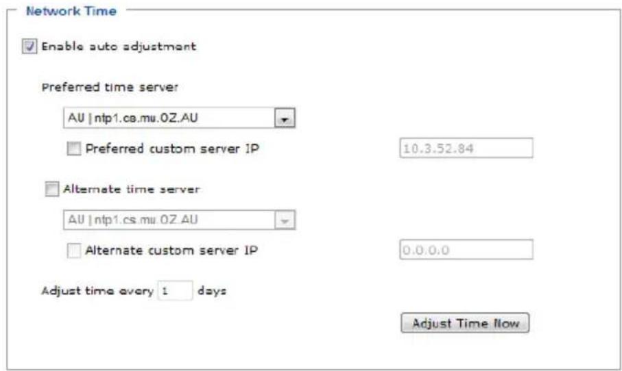 Network Time Enable auto adjustment Preferred time server AU | ntp1.cs.mu.0Z.AU Preferred custom server IP 10.3.52.84 Alternate time server AU | ntp1.cs.mu.0Z.AU Alternate custom server IP 0.0.0.0 Adjust time every 1 days Adjust Time Now