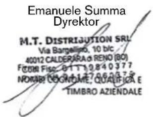 Emanuele Summa Dyrektor M.T. DISTRIBUTION SRL Via Bargellierto, 10 blc. 40012 CALDERARA d RENO (BO) F.COM Fiso: 01T119840377 NORABIO GROUATE, QUALIFICA E TIMBRO AZIENDALE
