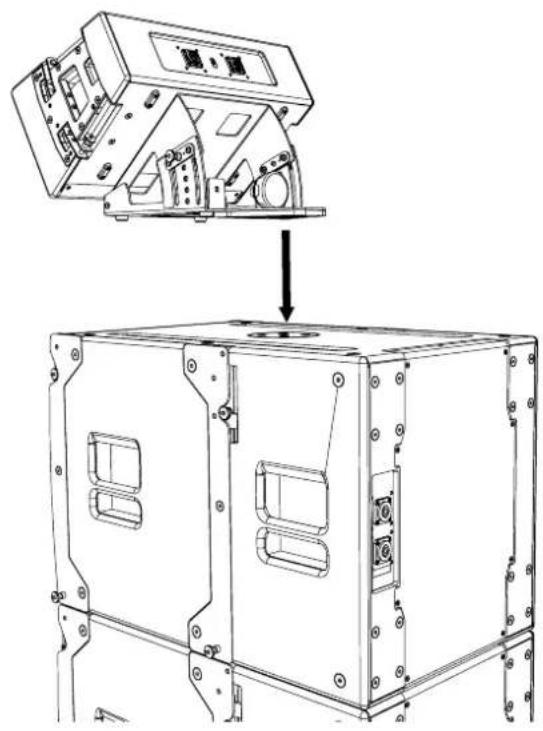 Technical diagram showing a mechanical assembly with a labeled component and a downward arrow indicating assembly or transformation.