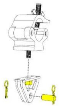 Technical diagram showing a mechanical assembly with labeled parts and a yellow component being inserted into a housing.