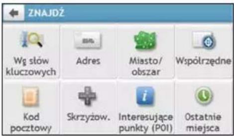 ZNAJDź Wg słów kluczowych Adres Miasto/ obszar Współrzędne Kod pocztowy Skrzyżow. Interesujące punkty (POI) Ostatnie miejsca