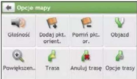 Opcje mapy Głośność Dodaj pkt. orient. Pomiń pkt. or. Objazd Powiększen.. Trasa Anuluj trasę Opcje trasy