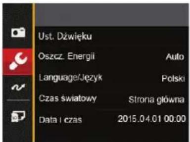Ust. Dźwięku Oszcz. Energii Auto Language/Język Polski Czas światowy Strona główna Data i czas 2015.04.01 00:00