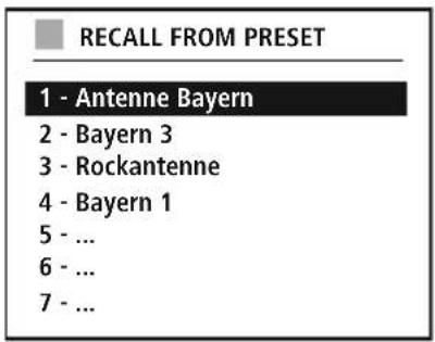 RECALL FROM PRESET 1 - Antenne Bayern 2 - Bayern 3 3 - Rockantenne 4 - Bayern 1 5 - ... 6 - ... 7 - ...