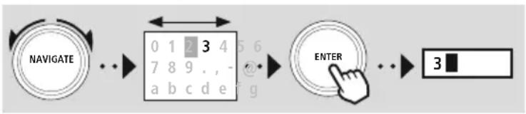 graph LR A["NAVIGATE"] --> B["0 1 2 3 4 5 6 7 8 9 . , - @ g"] B --> C["ENTER"] C --> D["3"]