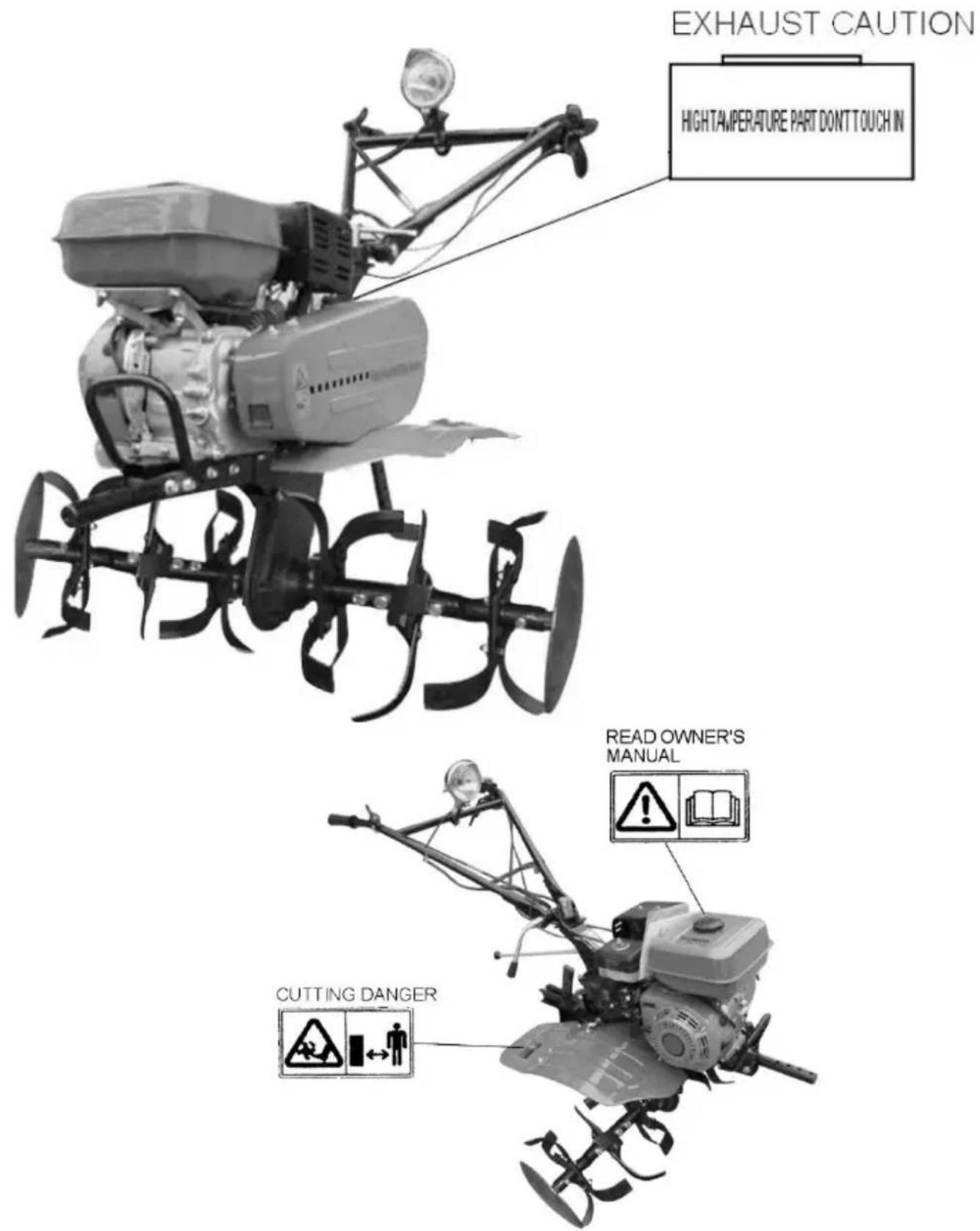 EXHAUST CAUTION HIGHTAMPERATURE PART DON'T TOUCH IN READ OWNER'S MANUAL CUTTING DANGER