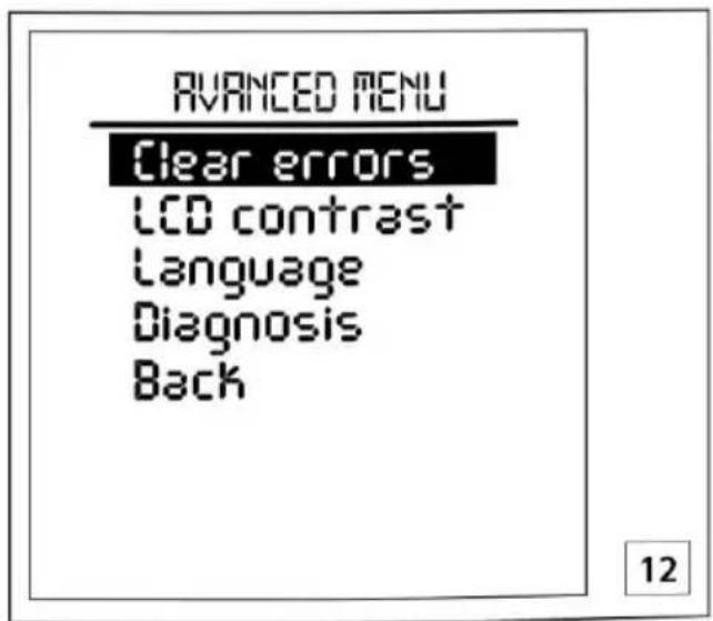 AVRANCED MENU Clear errors LCD contrast Language Diagnosis Back