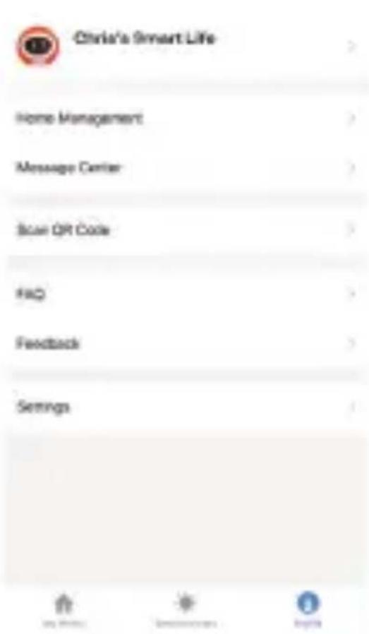 Chris's Smart Life Home Management Message Center Scan QR Code FAQ Feedback Settings