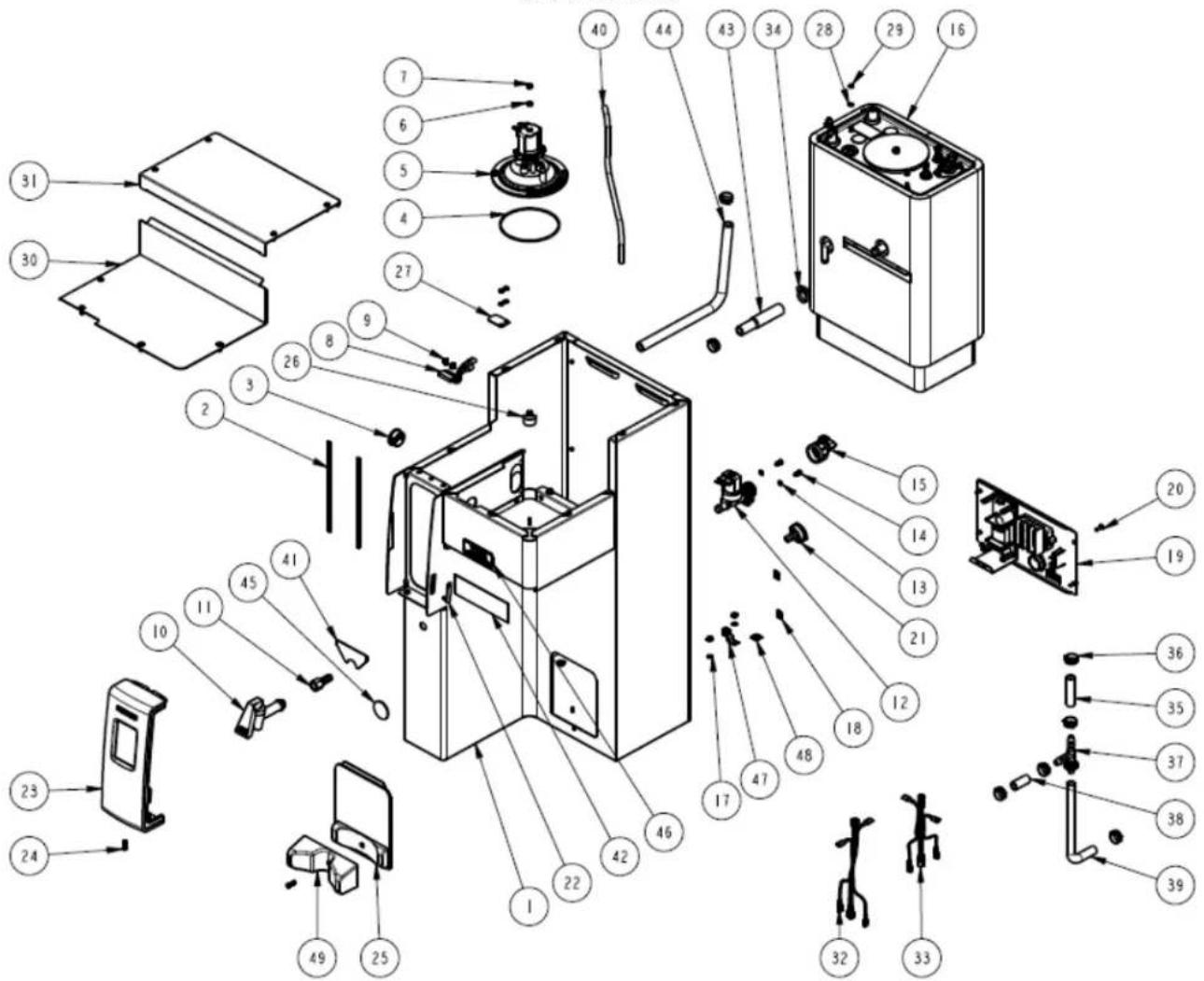Exploded view diagram of a refrigerator internal components with numbered parts for identification