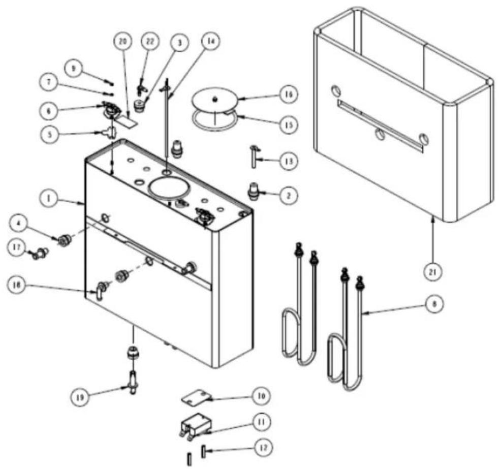 Technical diagram of a mechanical device with numbered components for identification and assembly reference.