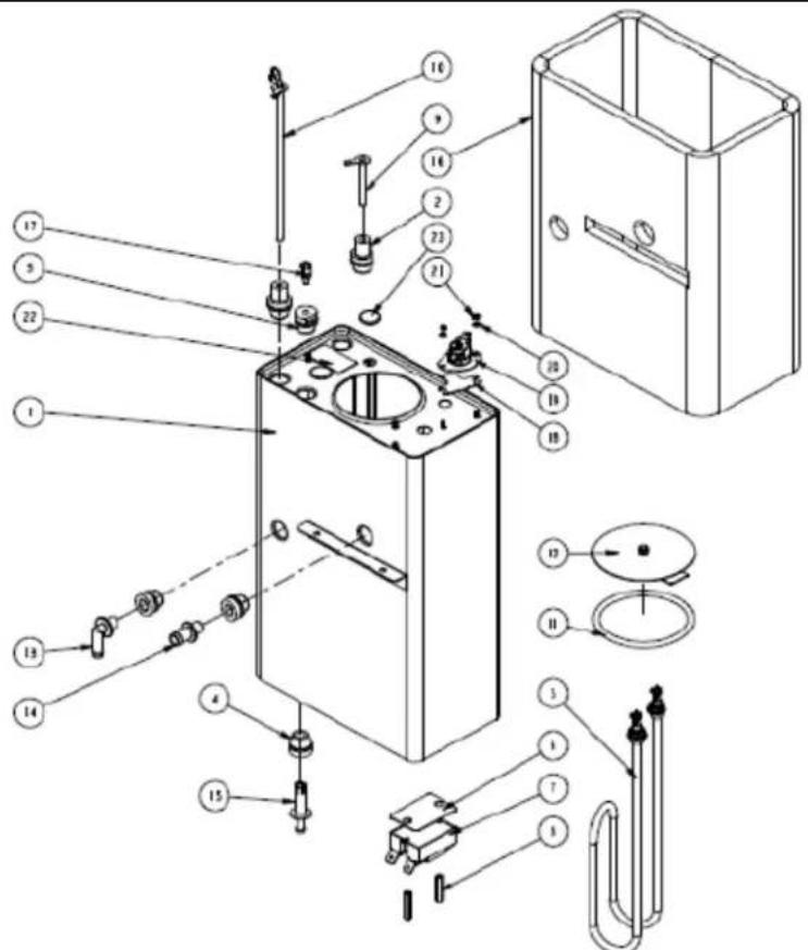 Exploded view diagram of a mechanical device with numbered components for identification